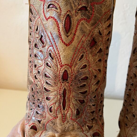 Corral Vintage Distressed Tan Red Butterfly Western Cowboy Boots A2047 Ladies 9M - Picture 3 of 12
